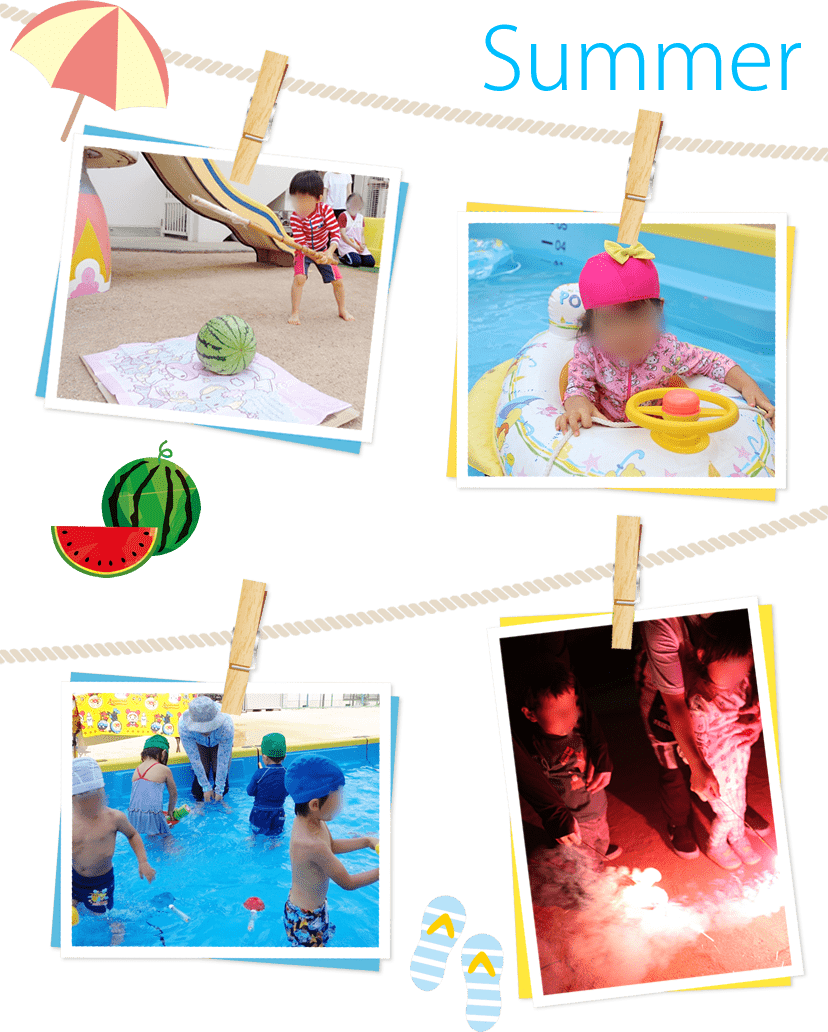 夏の行事｜園庭に大きなプールを出して、プール遊びや水遊びを楽しんでいます